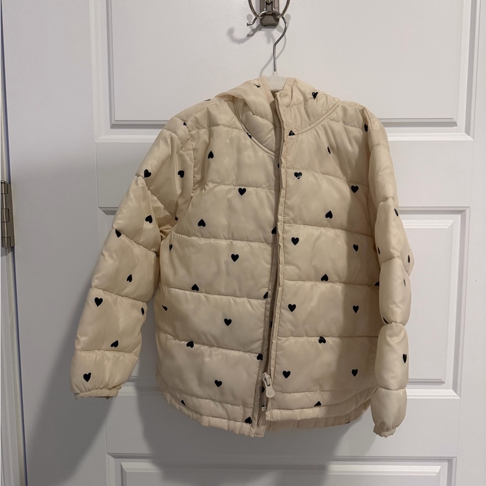 GAP Cream Puffer Jacket with Black Heart Pattern
